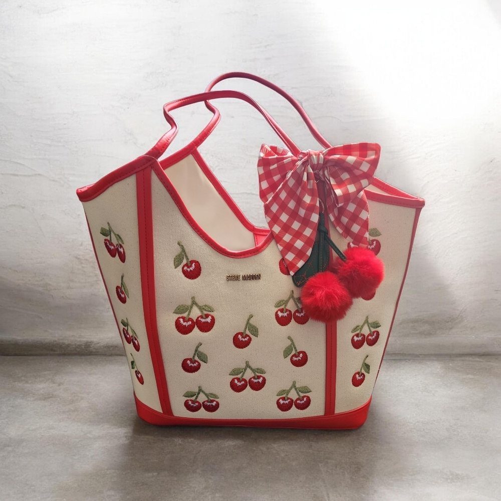Cherry-Embroidered Red & Cream Canvad Tote Bag with Bow Accent